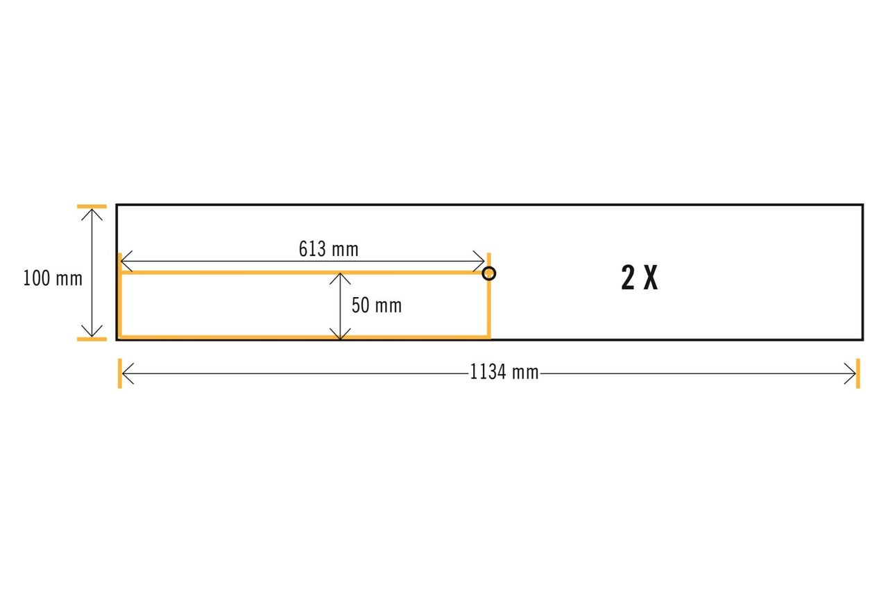 Obrázok produktu s rozmermi: výška 100 mm, šírka 613 mm, hĺbka 50 mm, dĺžka 1134 mm, množstvo: 2 kusy.