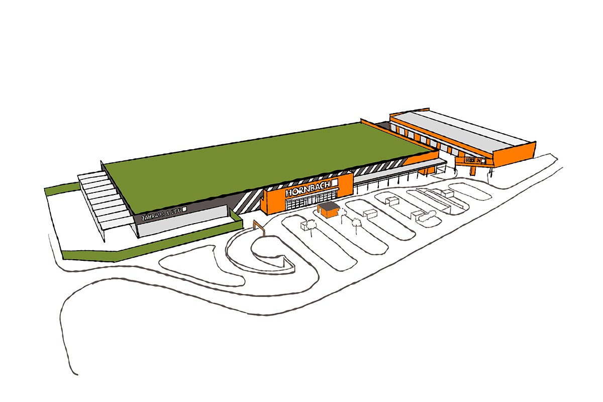 Ilustrácia predajne Hornbach s Hornbach Logo, zelenou strechou, záhradným centrom a drive-in zónou.
