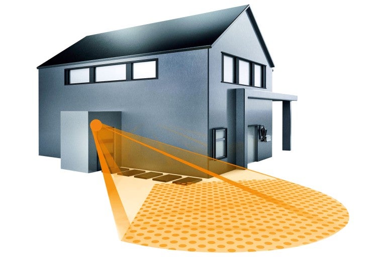 Pohľad na dom s vyznačením oblasti detekcie pohybového senzora