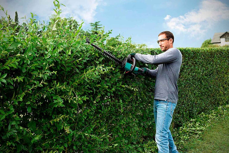 Muž strihá živý plot nožnicami na živý plot v záhrade.