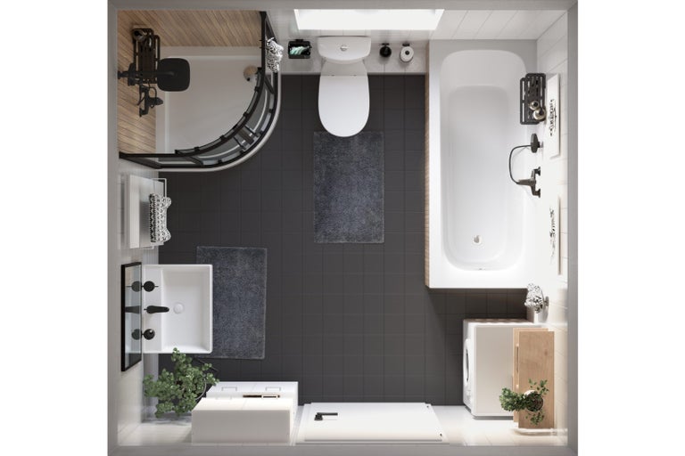 Pohľad zhora na kúpeľňu so sprchou, toaletou, vaňou a umývadlom