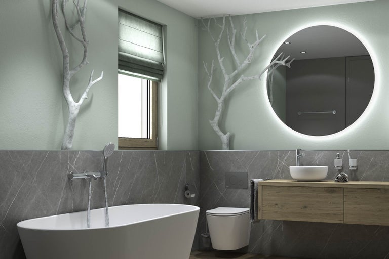 Svetlá kúpeľňa s voľne stojacou vaňou, toaletou, umývadlom a zrkadlom