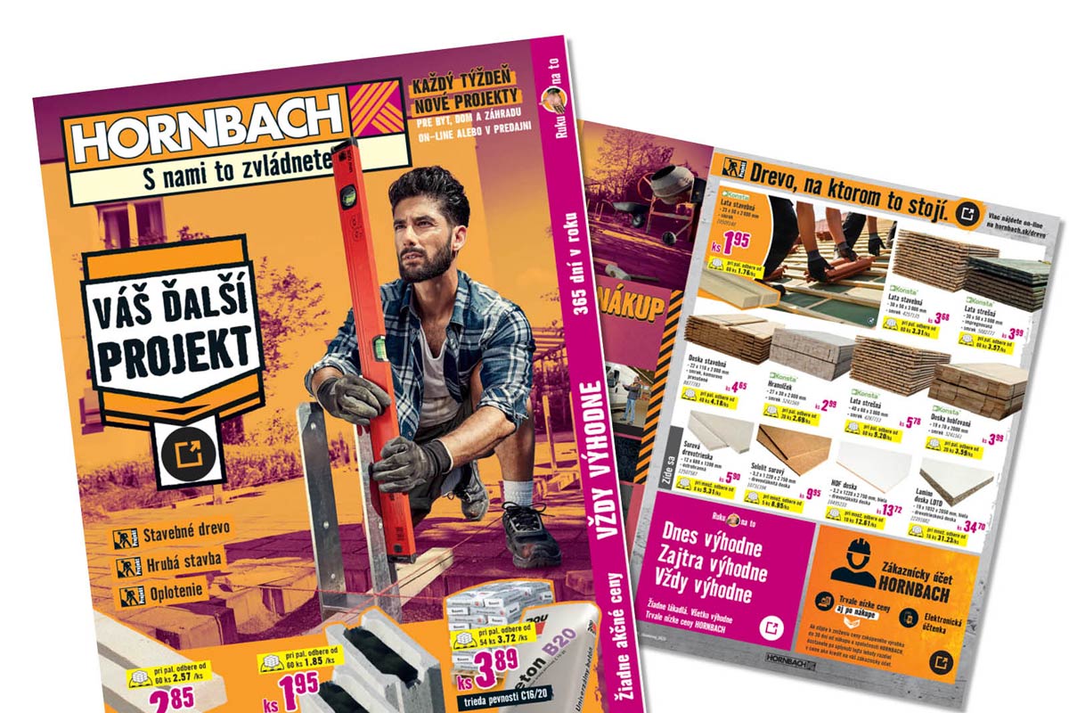 Reklamný leták Hornbach s remeselníkom s vodováhou, drevenými stavebnými materiálmi a betónovými tvárnicami s uvedenými cenami.