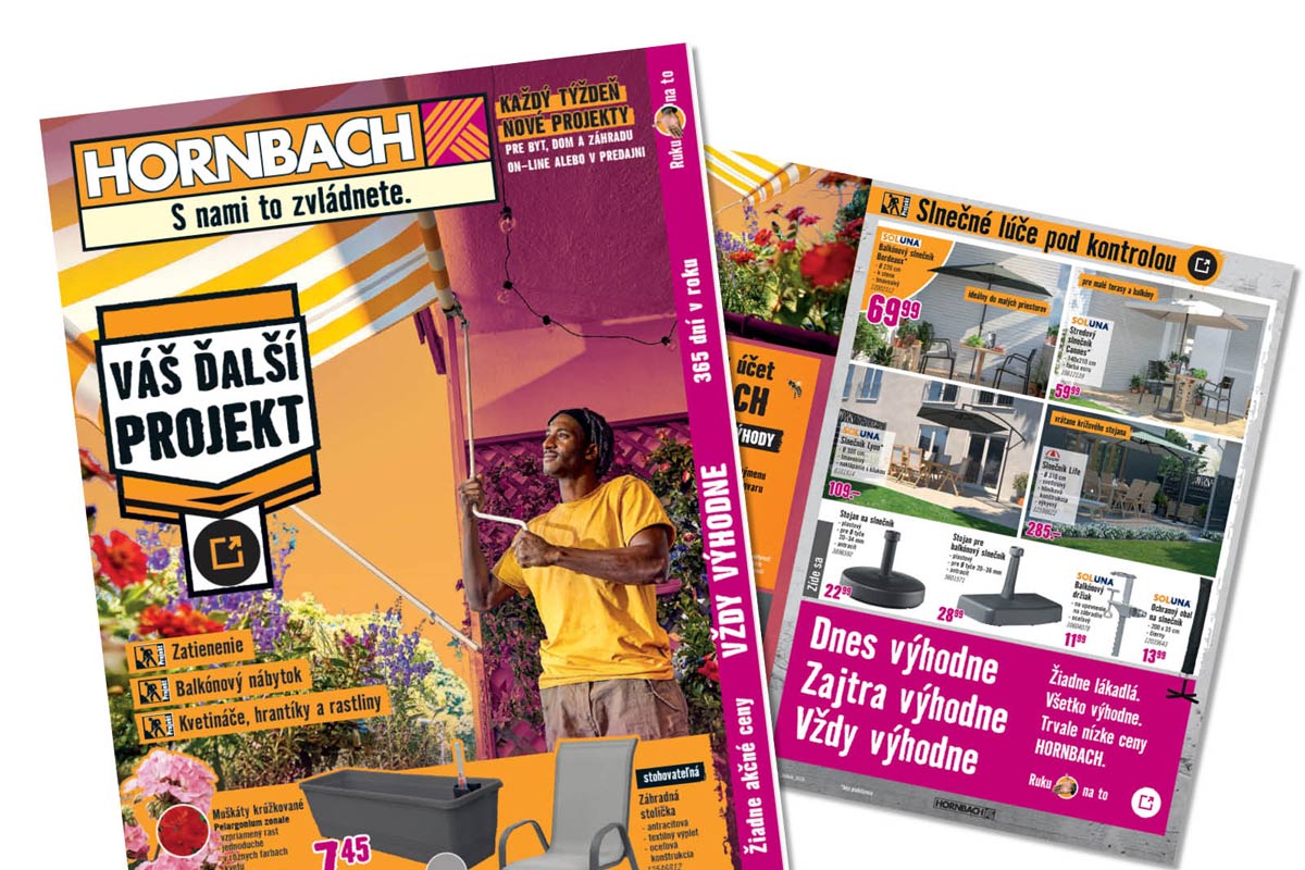 Hornbach katalóg so záhradným tovarom, ako sú slnečníky, balkónový nábytok a kvetináče.