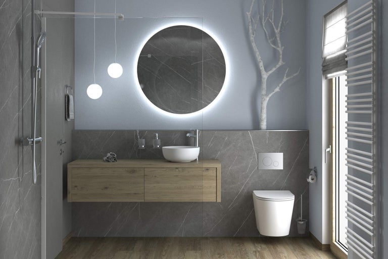 Moderná kúpeľňa s umývadlom, zrkadlom, toaletou a radiátorom