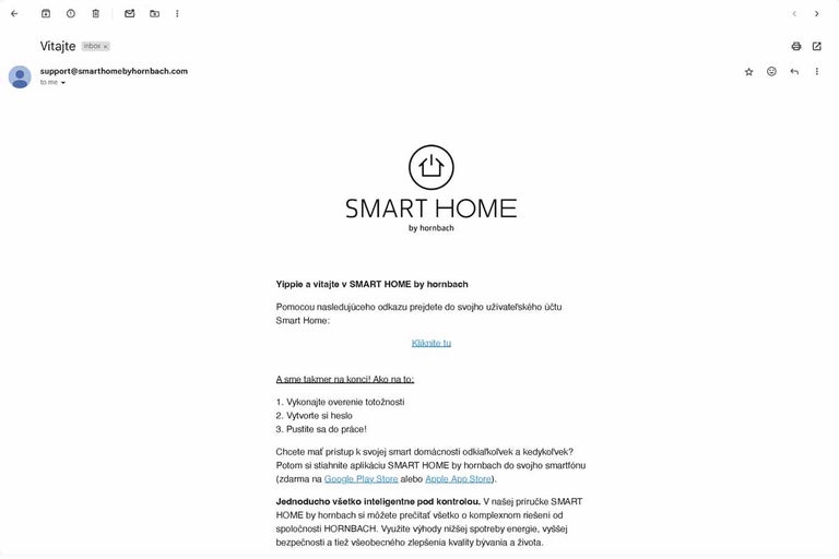 E-mail s uvítacou správou pre inteligentnú domácnosť od spoločnosti Hornbach