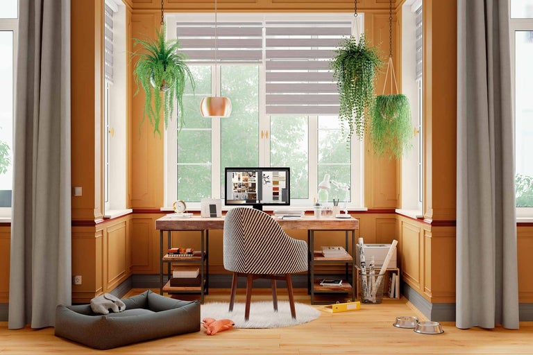 Svetlá pracovňa so stolom, stoličkou, závesnými rastlinami a psou posteľou