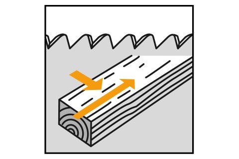 Ilustrácia píly pri rezaní kusu dreva so smerovými šípkami