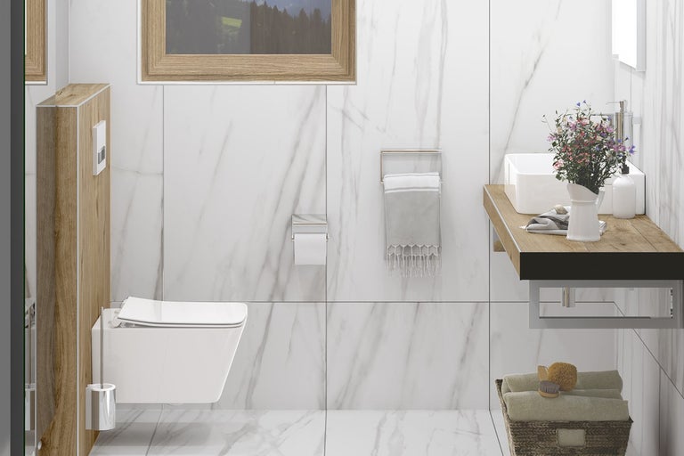 Moderná kúpeľňa so závesným WC, umývadlom a drevenými prvkami na pozadí bieleho mramoru