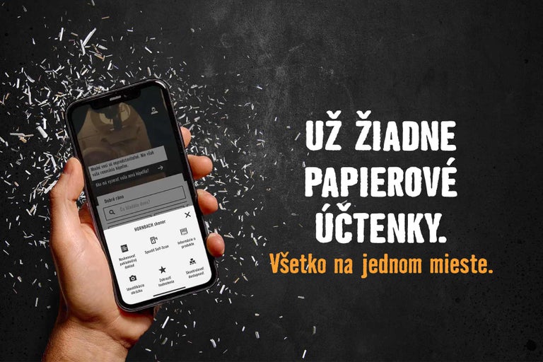 Smartphone s aplikáciou Hornbach na digitálnu správu pokladničných dokladov