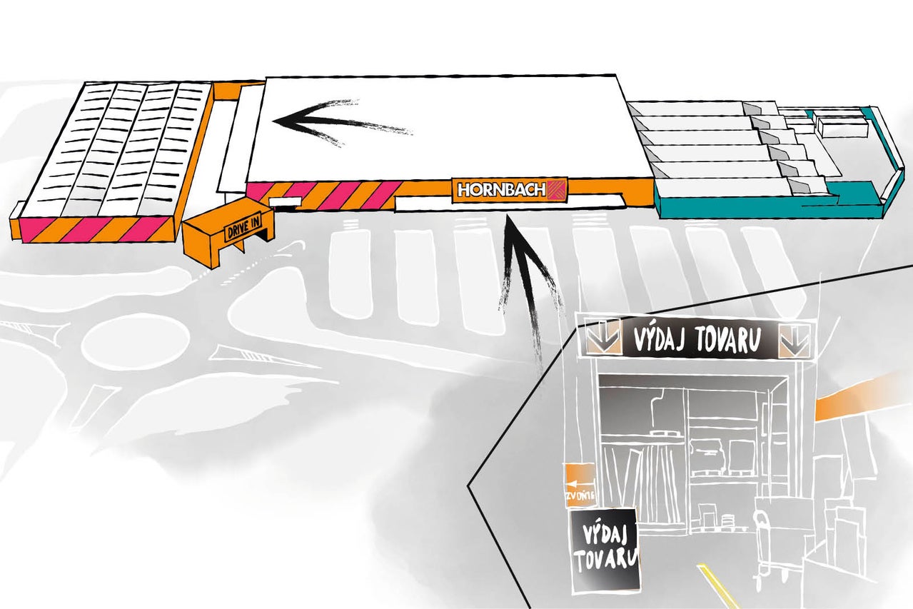 Ilustrácia predajne Hornbach s Drive-In a výdajom tovaru