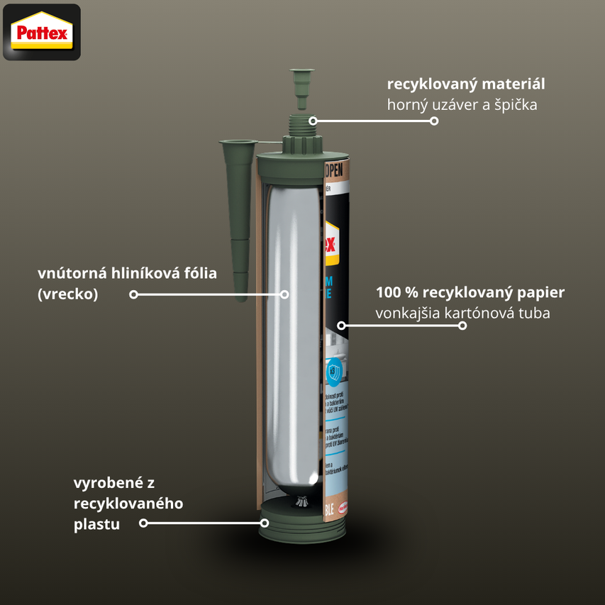 Logo Pattex. Prierez kartušou s obalom zo 100 percent recyklovaného papiera, vnútorným hliníkovým vreckom a dielmi z recyklovaného plastu.