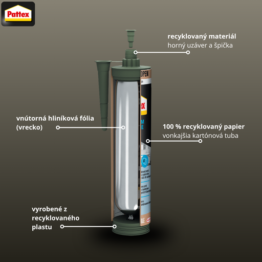 Logo Pattex. Prierez kartušou s obalom zo 100 percent recyklovaného papiera, vnútorným hliníkovým vreckom a dielmi z recyklovaného plastu.