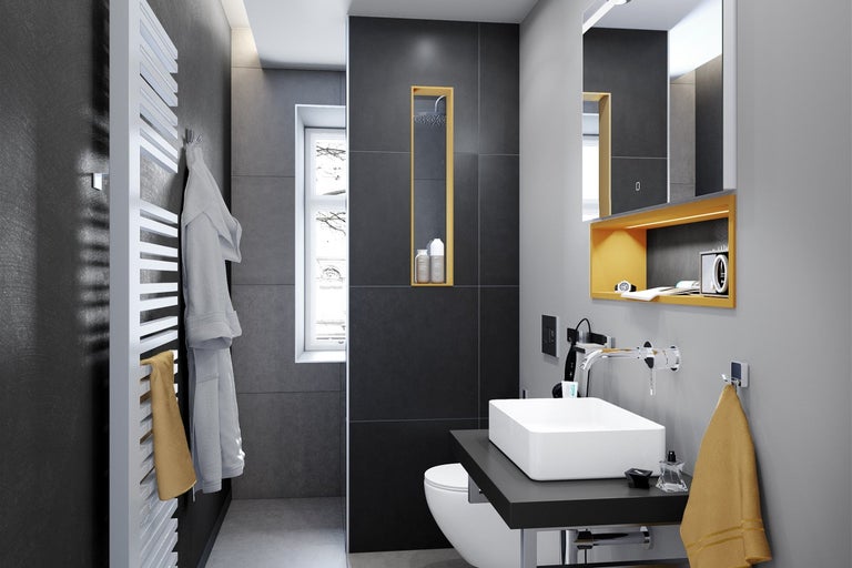 Moderná kúpeľňa s umývadlom, zrkadlovou skrinkou, ohrievačom uterákov a toaletou