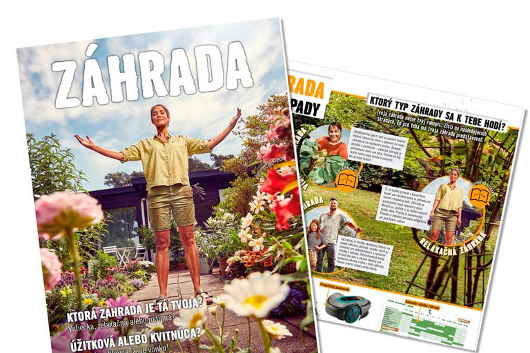 Titulná strana záhradníckeho časopisu so ženou v kvitnúcej záhrade