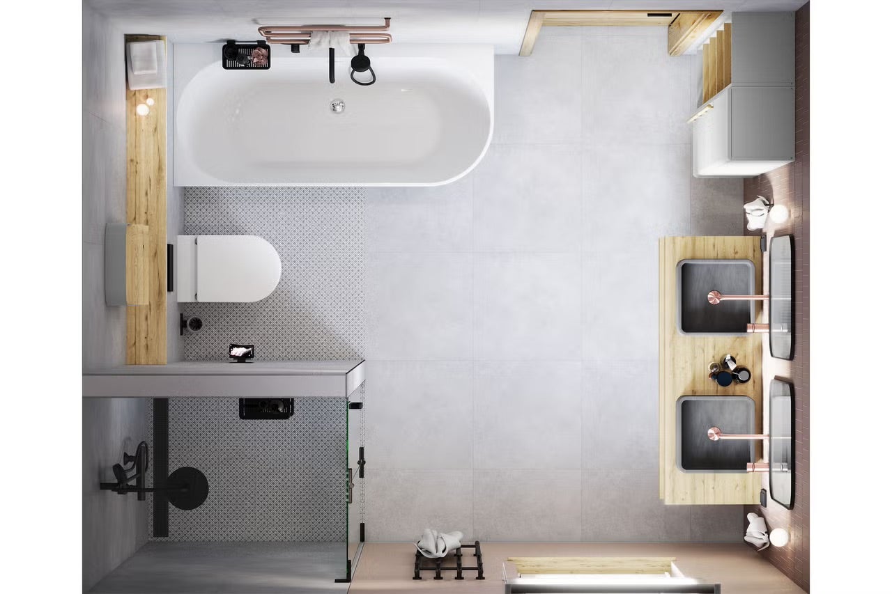 Pohľad zhora na kúpeľňu s vaňou, toaletou, umývadlom a sprchou