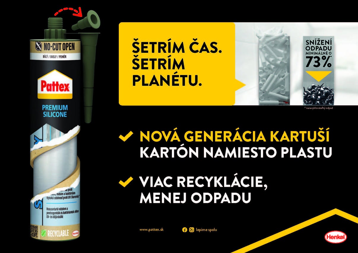 Pattex Premium silikón v kartuši s uzáverom No-Cut Open, informácie o 73 percentách menej odpadu vďaka kartónu a Henkel Logo.