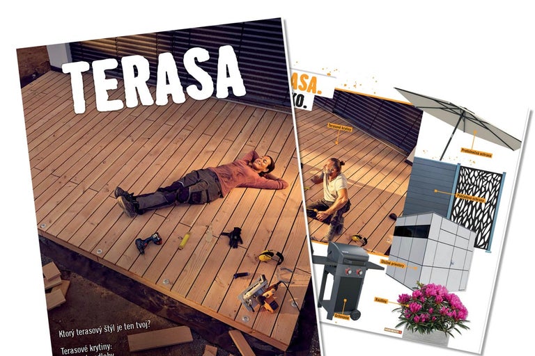 Titulná strana časopisu Hornbach na tému stavby terasy s príkladmi produktov