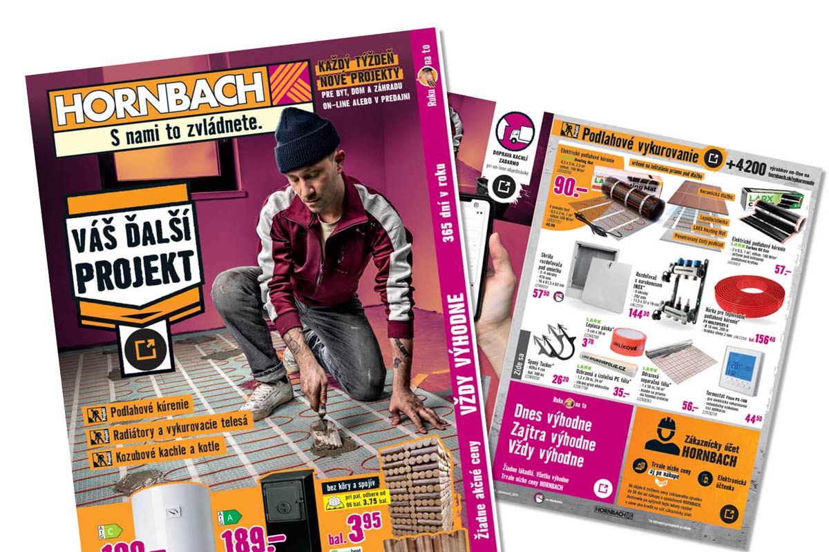 Reklamná brožúra Hornbach s remeselníkom inštalujúcim podlahové kúrenie a prehľadom vykurovacích produktov a príslušenstva.