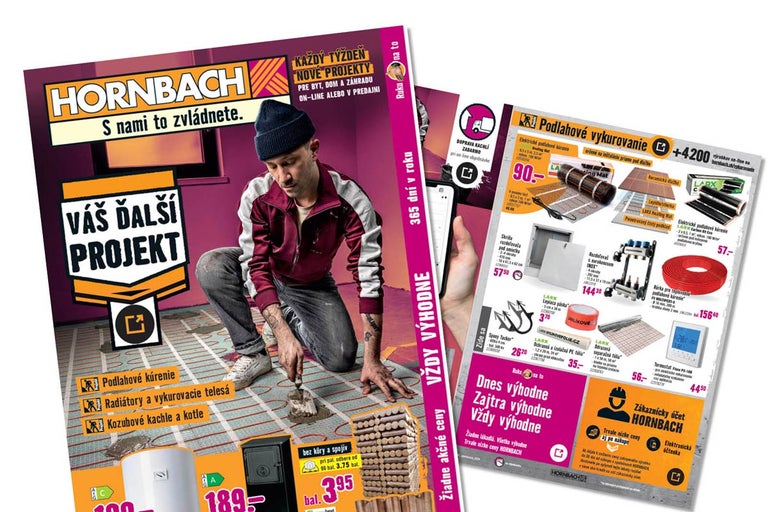 Reklamná brožúra Hornbach s remeselníkom inštalujúcim podlahové kúrenie a prehľadom vykurovacích produktov a príslušenstva.