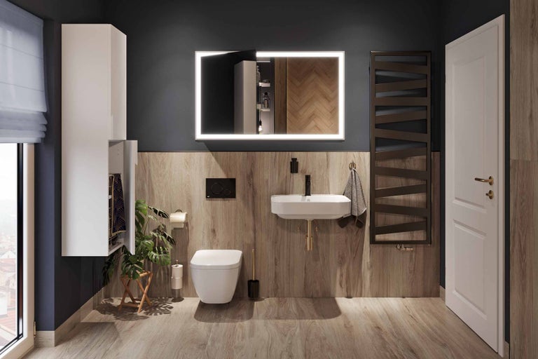 Moderná kúpeľňa s toaletou, umývadlom, osvetleným zrkadlom a ohrievačom uterákov