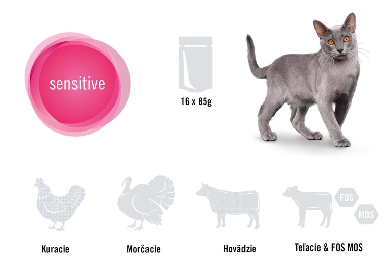 Krmivo pre mačky pre citlivé mačky, 16 krát 85 gramov