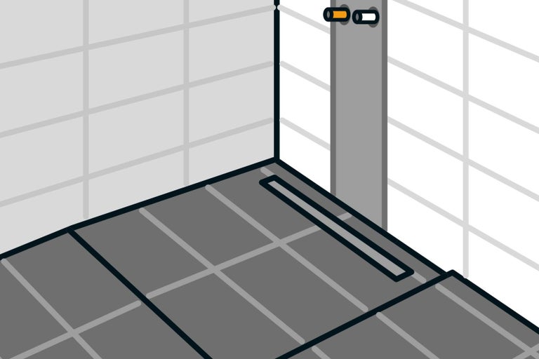 Kúpeľňa s dlažbou a nástenným odtokom