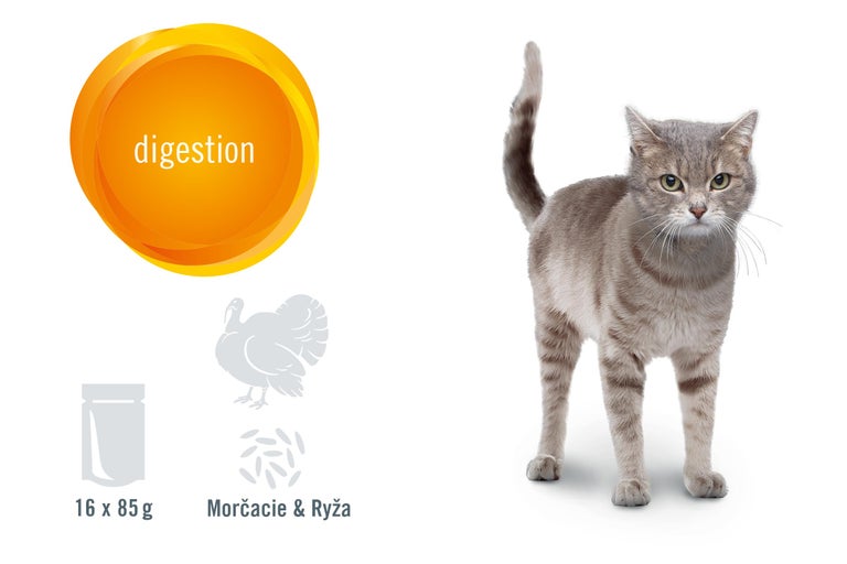 Krmivo pre mačky na podporu trávenia s morčacím mäsom a ryžou a symbolmi pre zložky a veľkosti porcií