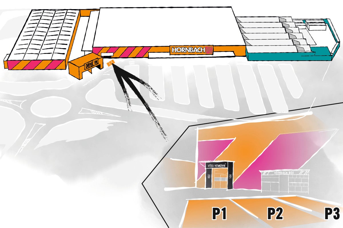 Prehľadná mapa hobbymarketu Hornbach s Drive In