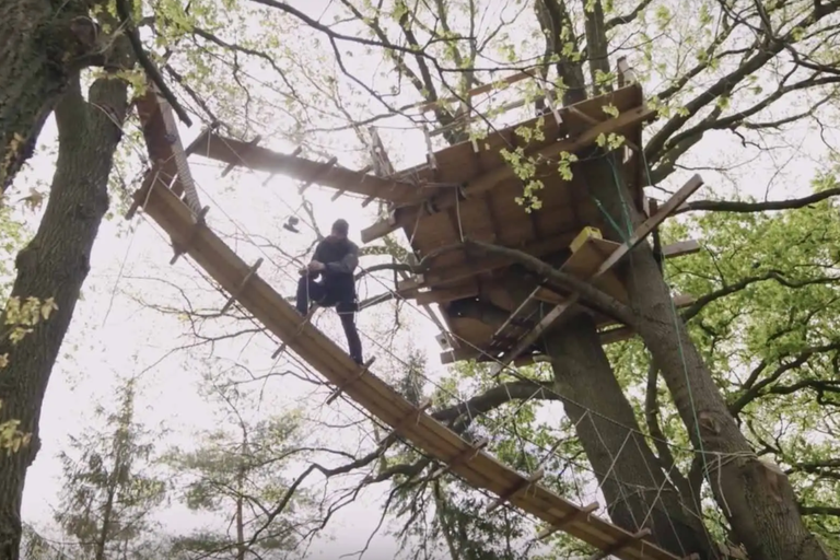 Dom na strome s osobou stojacou na drevenom moste.