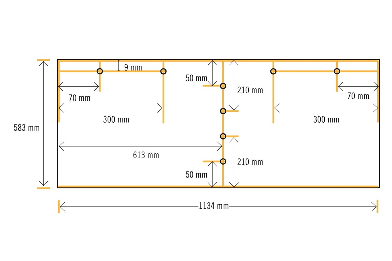 Stavebný plán s rozmermi: výška 583 mm, šírka 1134 mm, 9 mm, 50 mm, 70 mm, 210 mm, 300 mm, 613 mm