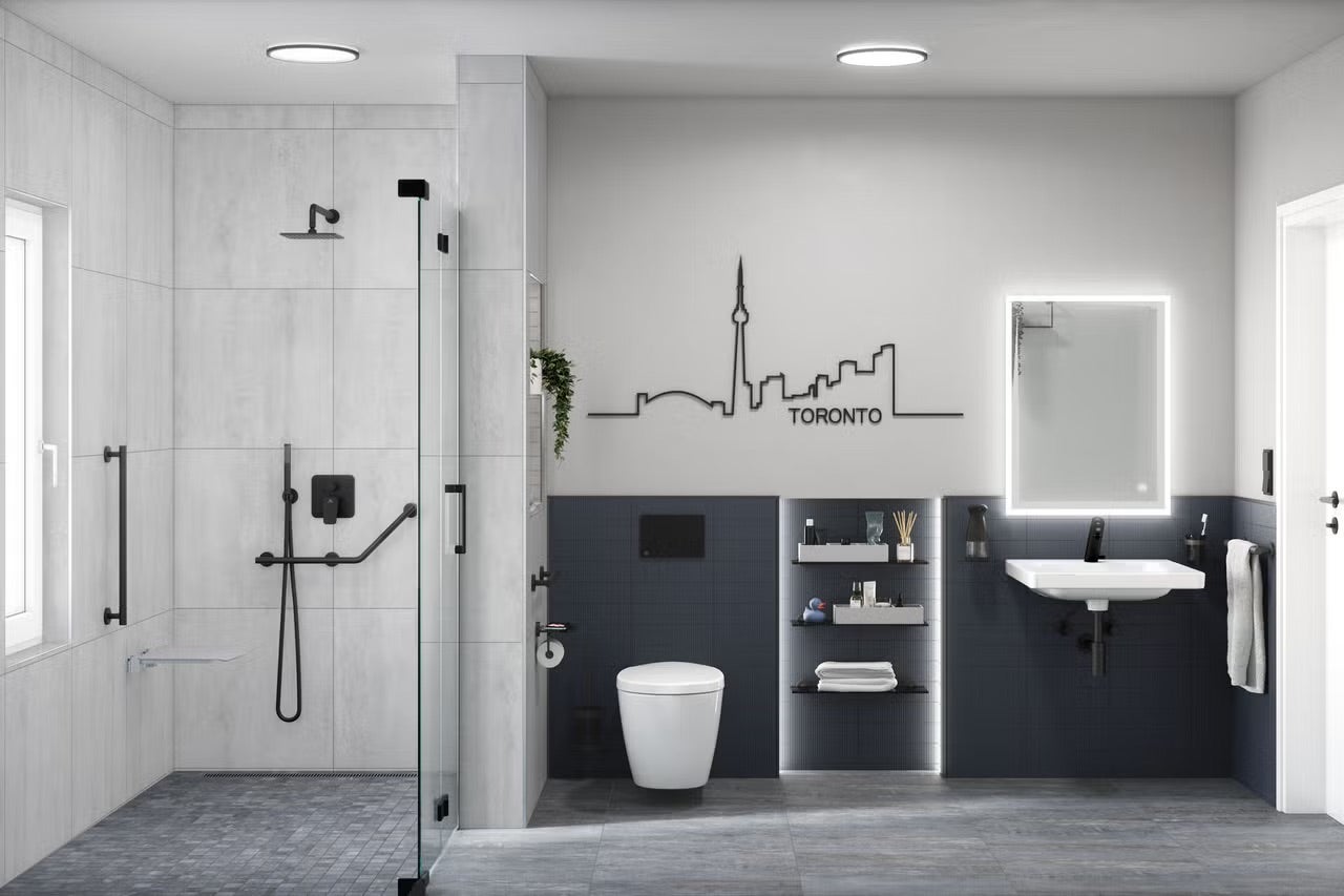 Moderná kúpeľňa s bezbariérovým sprchovacím kútom, toaletou a umývadlom