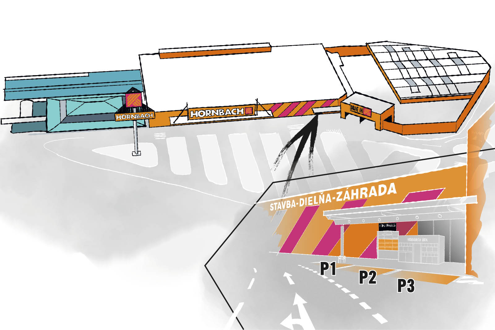 Prehľadový nákres hobbymarketu Hornbach s Drive In