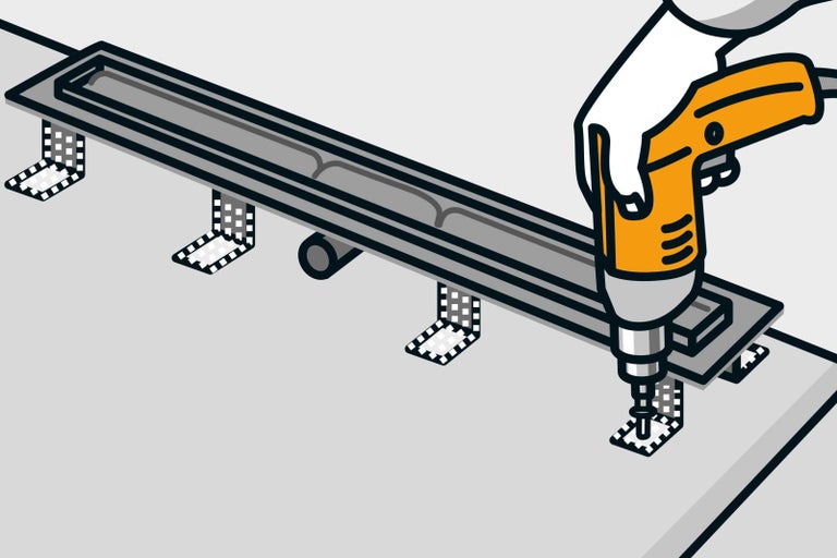 Ilustrácia sprchového žľabu pripevneného akumulátorovým skrutkovačom.