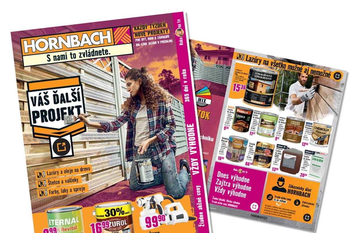 Hornbach Logo a reklamný leták na lazúry, farby a maliarske potreby s vyobrazením ženy natierajúcej drevenú stenu.