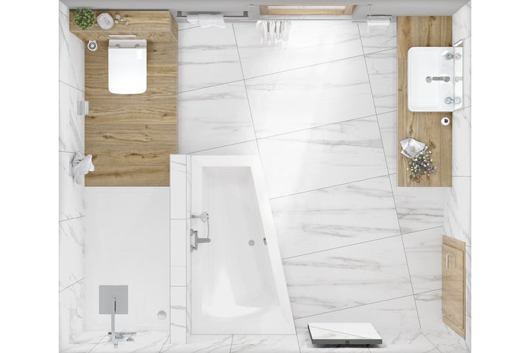 Pohľad zhora na kúpeľňu so sprchou, vaňou, umývadlom a toaletou na mramorovej podlahe.