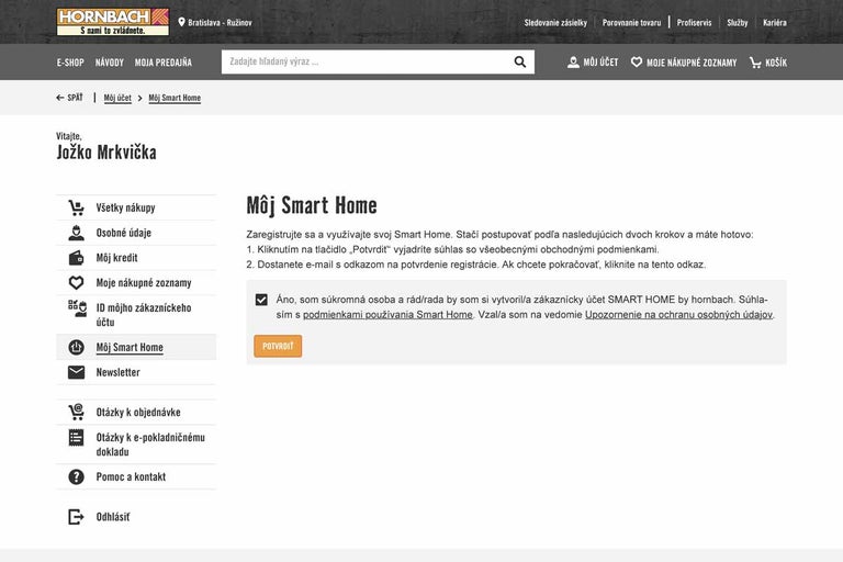 Sekcia Hornbach Smart Home v zákazníckom účte.