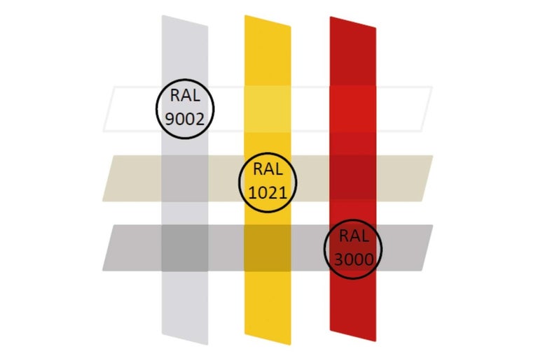 Zobrazenie farieb RAL 9002, 1021 a 3000