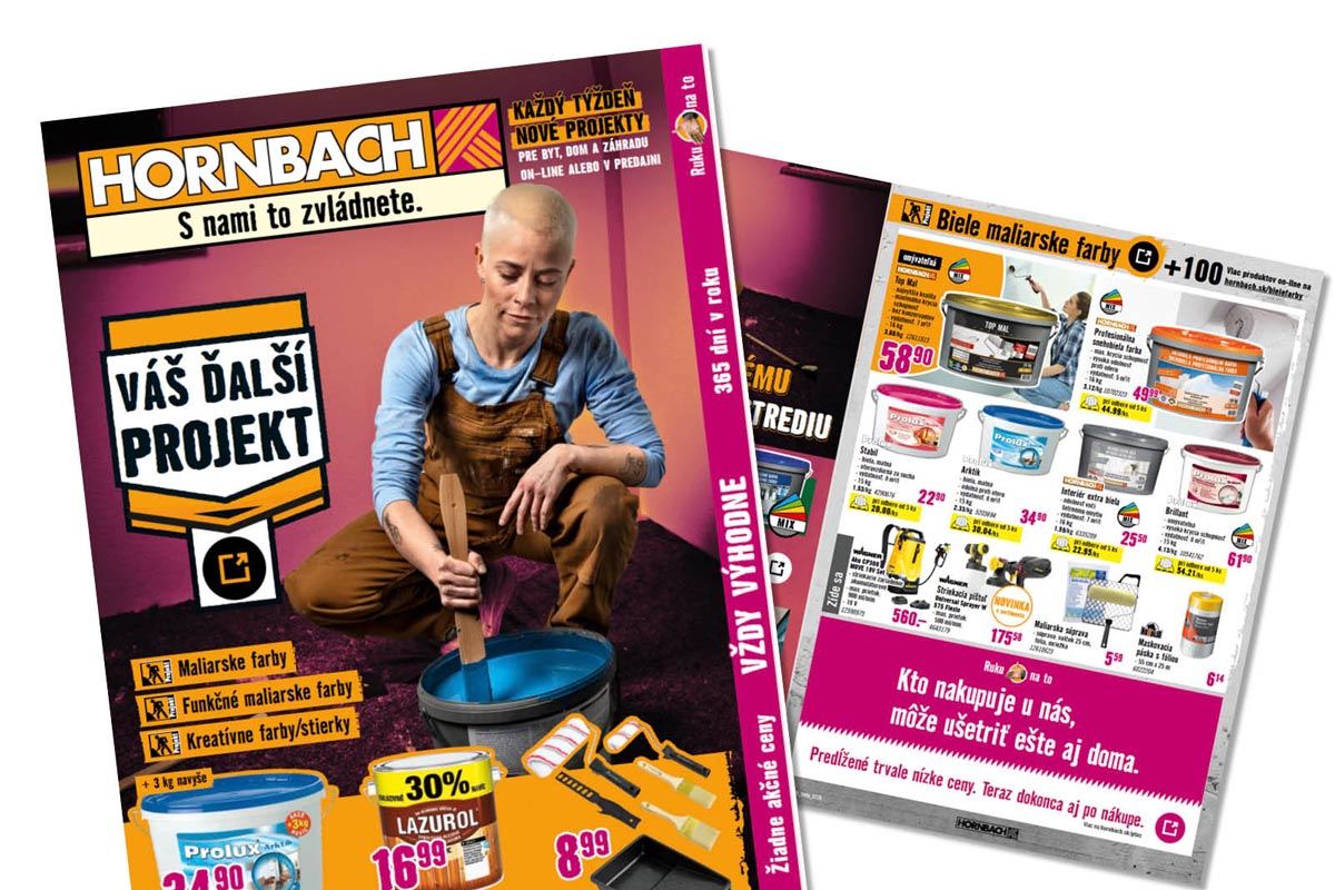 Leták Hornbach s Hornbach Logo, osobou v pracovnom odeve miešajúcou farbu a ponukou nástenných farieb a maliarskych potrieb.