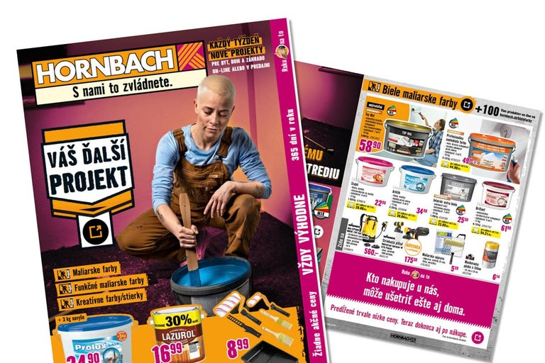 Leták Hornbach s Hornbach Logo, osobou v pracovnom odeve miešajúcou farbu a ponukou nástenných farieb a maliarskych potrieb.
