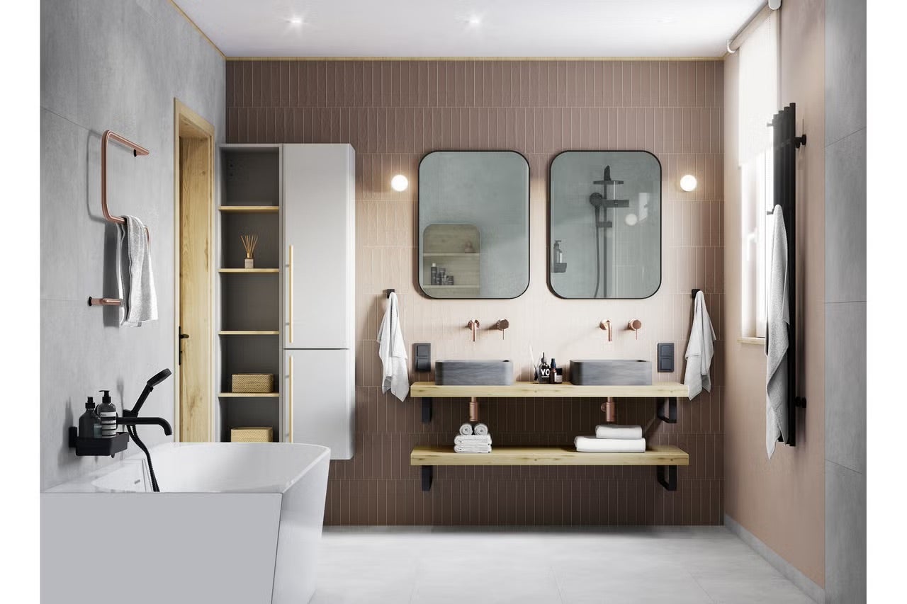 Kúpeľňa s vaňou, umývadlová skrinka s dvoma umývadlami, zrkadlami a kúpeľňovým nábytkom pre moderný dizajn