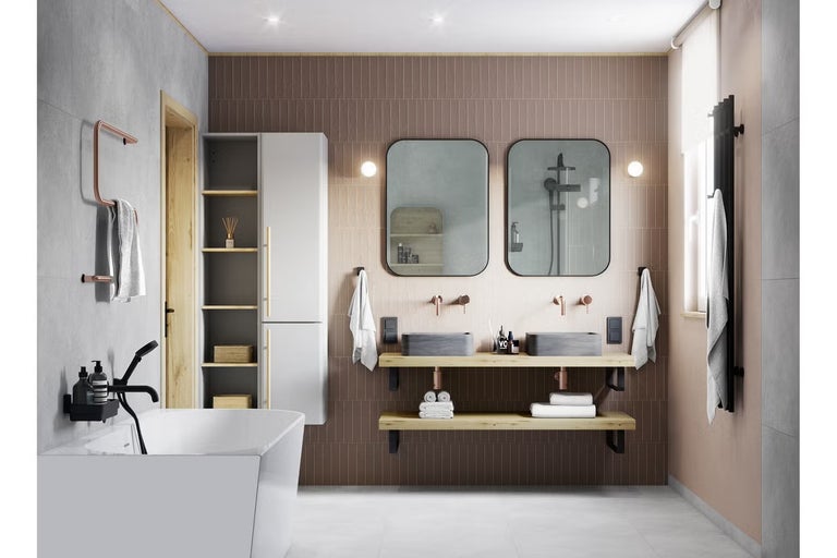 Kúpeľňa s vaňou, umývadlová skrinka s dvoma umývadlami, zrkadlami a kúpeľňovým nábytkom pre moderný dizajn