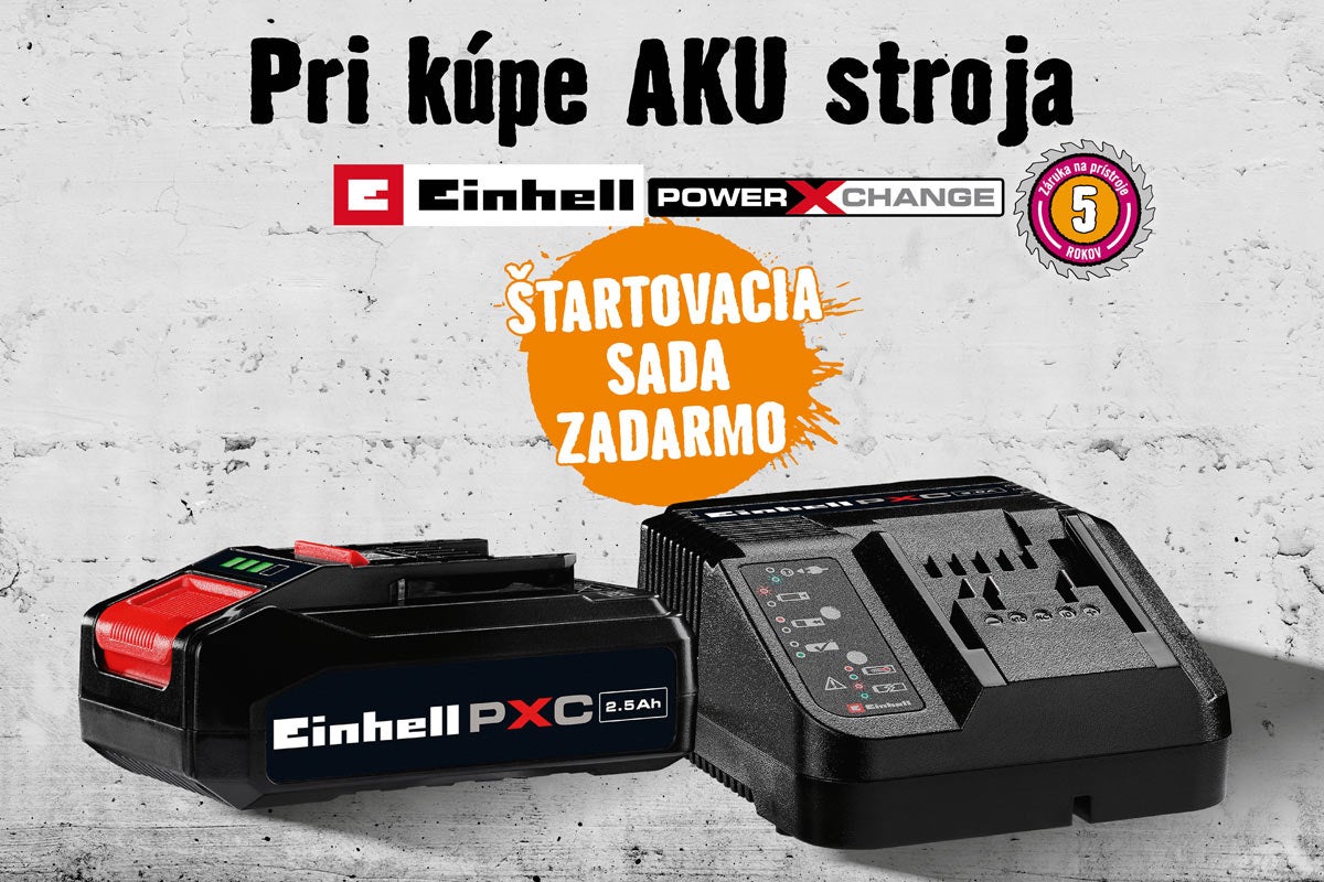 Akcia na štartovaciu sadu Einhell Power X-Change s 2,5 Ampérhodinovým akumulátorom a nabíjačkou zadarmo pri kúpe akumulátorového stroja.