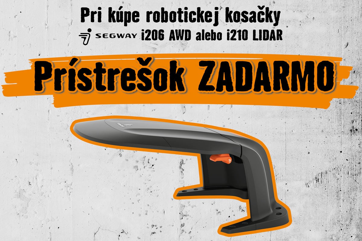Segway Logo a akcia na prístrešok zadarmo pri kúpe robotickej kosačky Segway i206 AWD alebo i210 LIDAR.