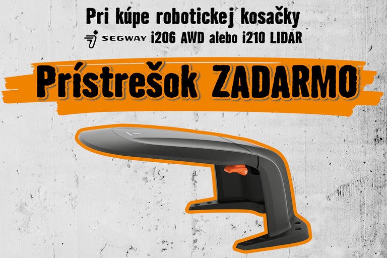 Segway Logo a akcia na prístrešok zadarmo pri kúpe robotickej kosačky Segway i206 AWD alebo i210 LIDAR.
