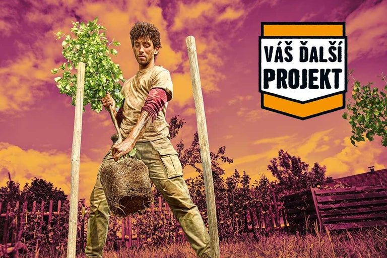 Muž sadiaci mladý strom s koreňovým balom v záhrade medzi opornými kolmi, nápis Váš ďalší projekt.