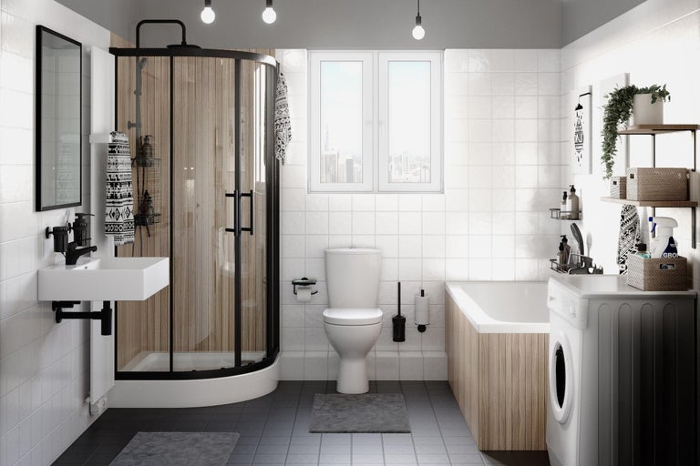 Moderná kúpeľňa so sprchou, umývadlom, toaletou, vaňou a práčkou