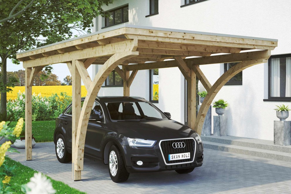Drevený prístrešok pre auto s autom vonku