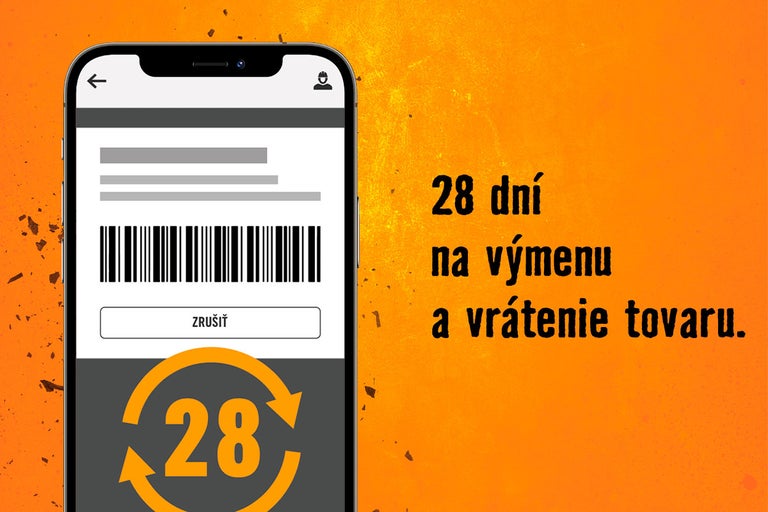 Mobilný telefón zobrazuje digitálny doklad s čiarovým kódom a informáciou o 28 dňovej lehote na vrátenie tovaru