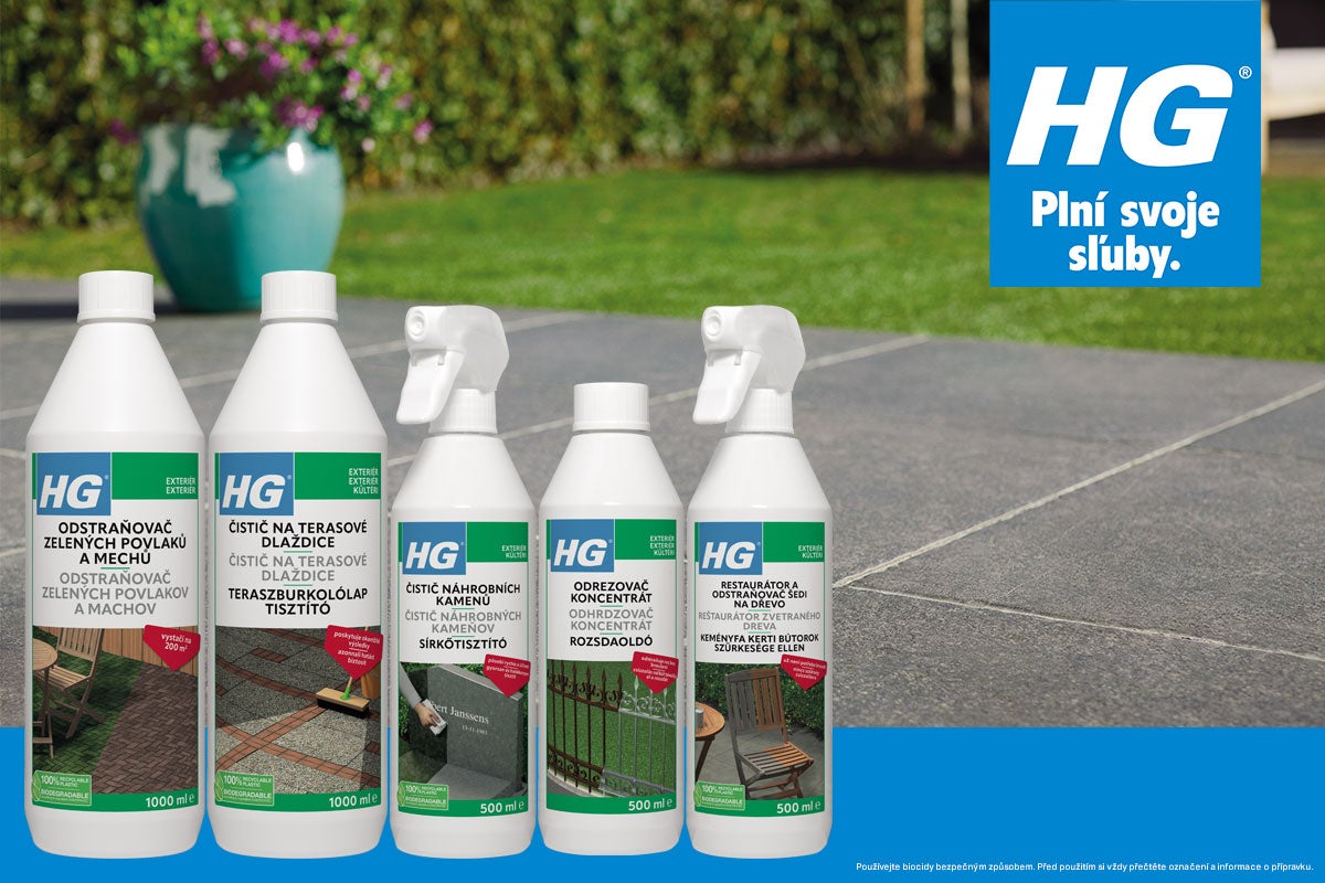 Výber čistiacich prostriedkov HG pre exteriér, vrátane odstraňovača zeleného povlaku, čističa terás, čističa náhrobkov, odhrdzovača koncentrátu a odšeďovača dreva.